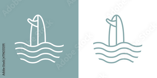 Logo club de surf. Silueta de tabla de surf lineal con olas de mar 