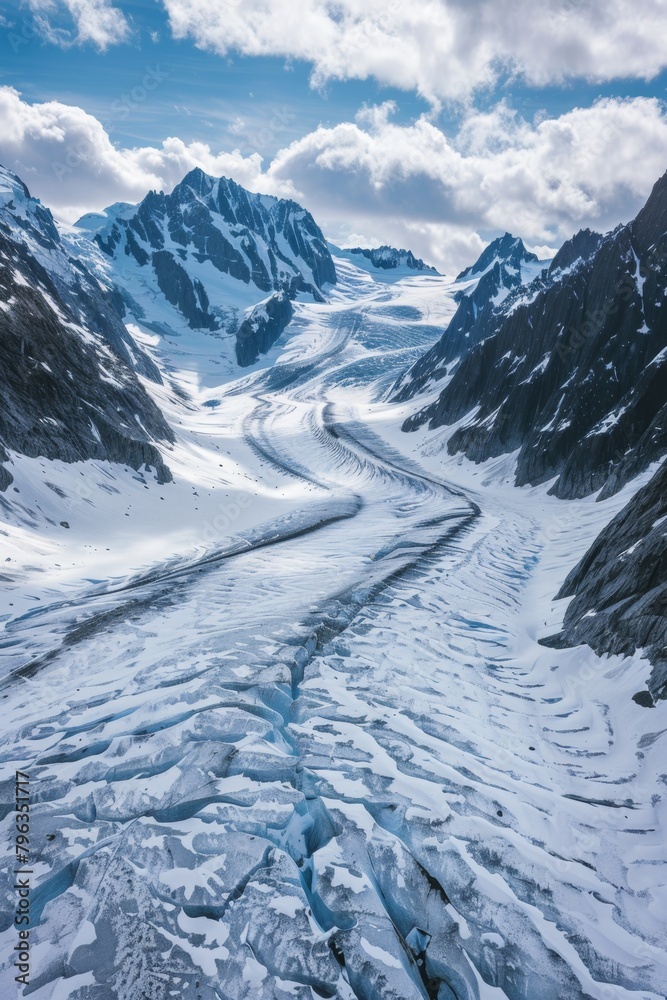 A vast glacier snaking between mountains, crevasses and ice formations in sharp detail, panoramic format