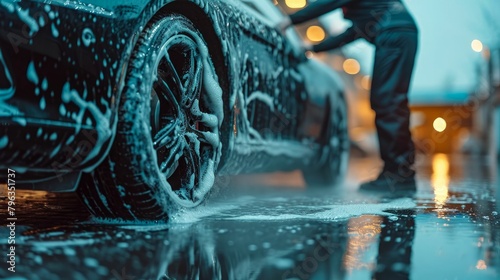 visual representation of our eco-friendly waterless washing technique, showcasing a technician applying a waterless solution to a car's exterior, highlighting environmental consciousness photo