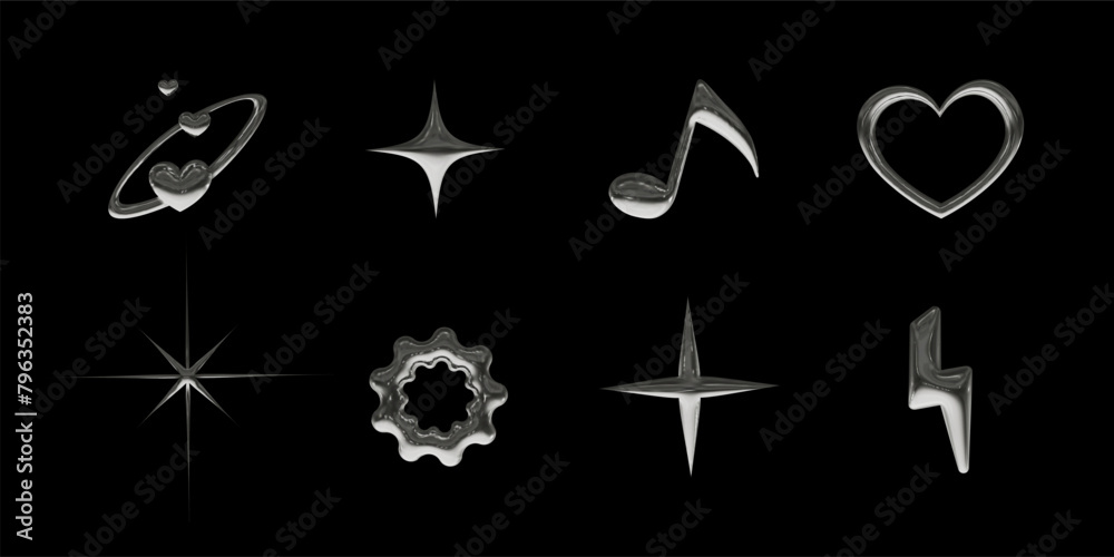 Set of 3d icons with chrome effect in 2000s style. Vector illustration for retro futuristic design