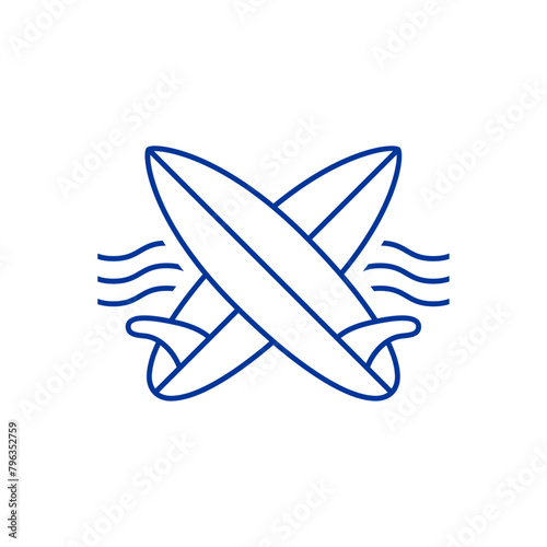 Logo club de surf. Silueta de 2 tablas de surf cruzadas lineal con olas de mar