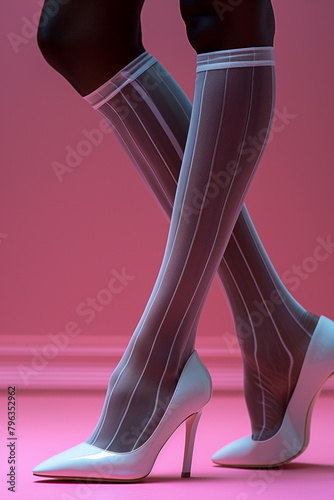 a sophisticated portrayal of fashion's playfulness with striped stockings paired with chic white high heels, set against a vibrant pink backdrop, embodying modern elegance and the spirit of haute cout