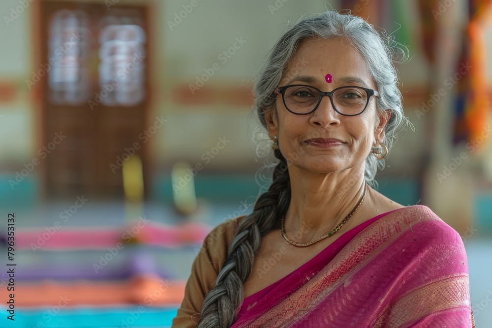 A Mature Indian Woman Donning A Traditional Saree Smiles Warmly In A a-mature-indian-woman-donning-a-traditional-saree-smiles-warmly-in-a