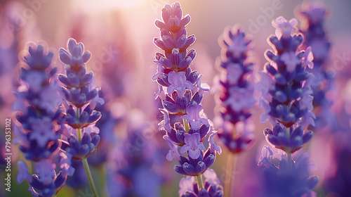 Close-up of delicate purple lavender flowers with green stems and leaves 