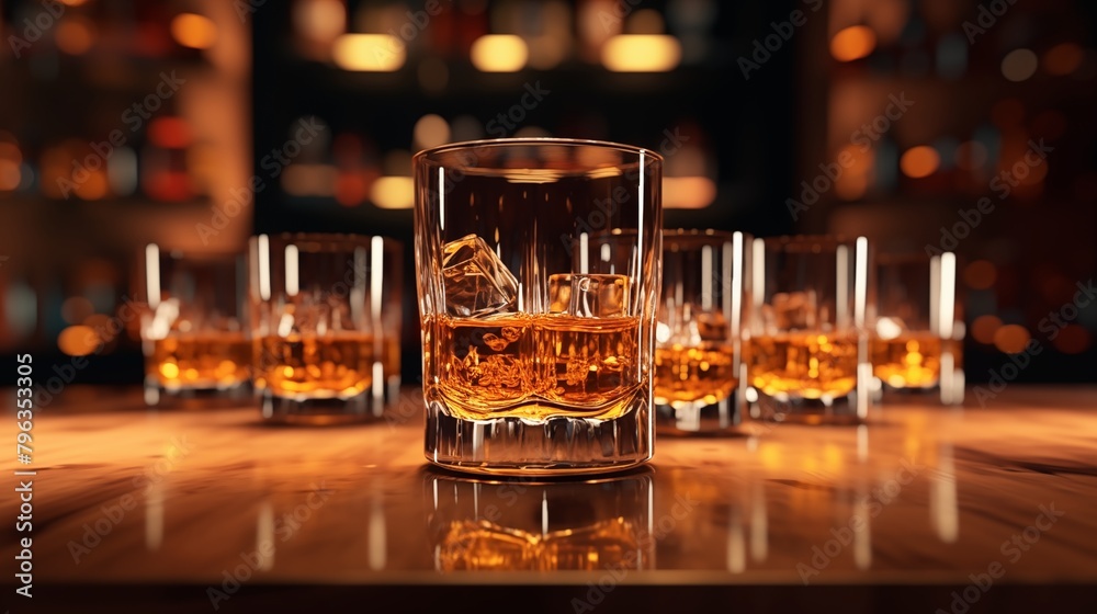 A Luxurious Lineup of Whiskey Glasses on a Bar Counter Illuminated in Warm Light A Luxurious Lineup of Whiskey Glasses on a Bar Counter Illuminated in Warm Light