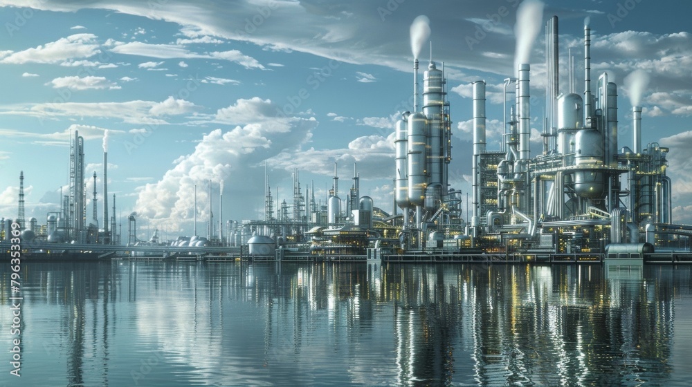 A futuristic city skyline is partially obscured by a massive industrial complex home to the largest biofuel production facility in the world. Inside advanced genetic engineering techniques .