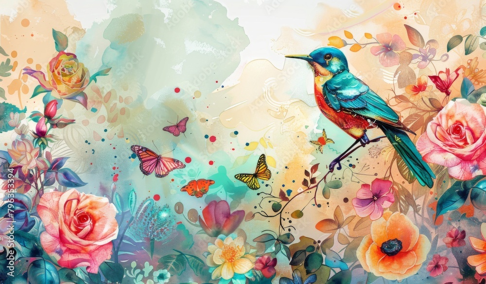 A vibrant watercolor illustration of an exotic bird perched on the edge