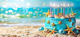 A birthday cake with colorful sprinkles and twenty-one colorful candles on the beach