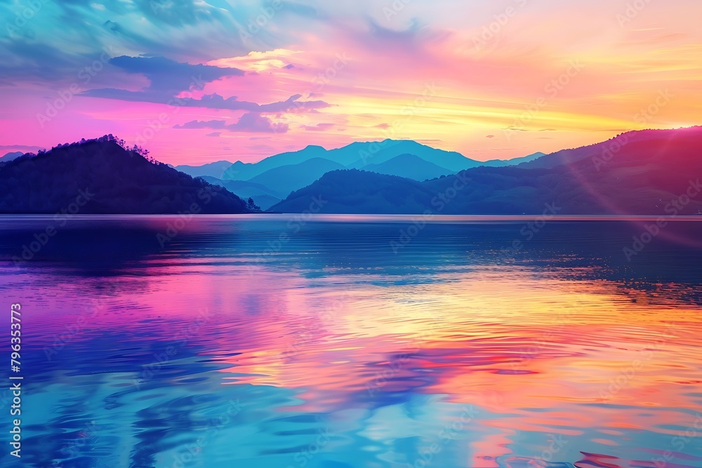 Vibrant sunset mountain with colorful reflections shimmering on the water.