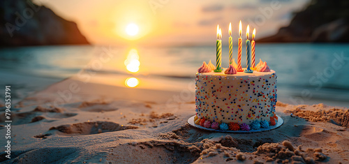 A birthday cake with colorful fish and twenty-one colorful candles on the beach photo