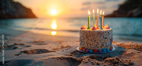 A birthday cake with colorful fish and twenty-one colorful candles on the beach