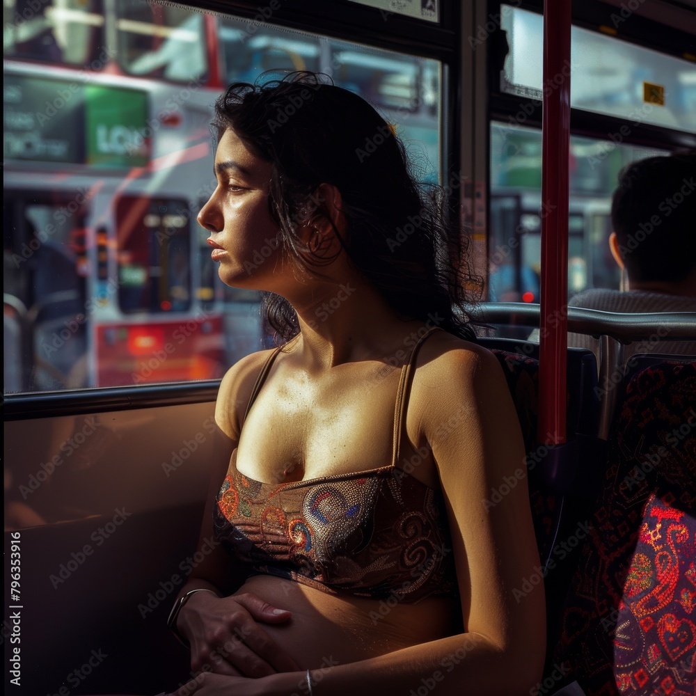 A candid photograph of a passenger seated on a city bus, capturing the everyday urban commute