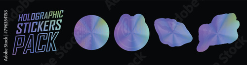 Wrinkled holographic stickers, rainbow hologram foil labels. Shiny iridescent tags with curved edges, guarantee seal emblem vector set. Illustration of realistic holograph patch