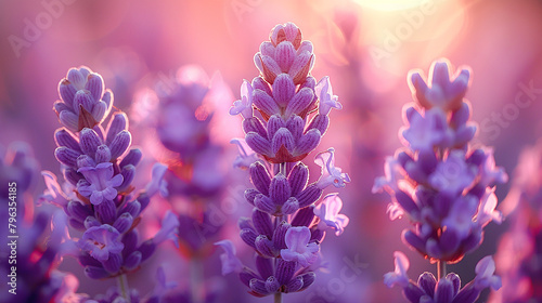 Close-up of delicate purple lavender flowers with green stems and leaves 