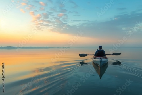 An adventurer kayaking in serene waters as the golden hour sets in, the image embodies tranquility and the beauty of exploring nature alone