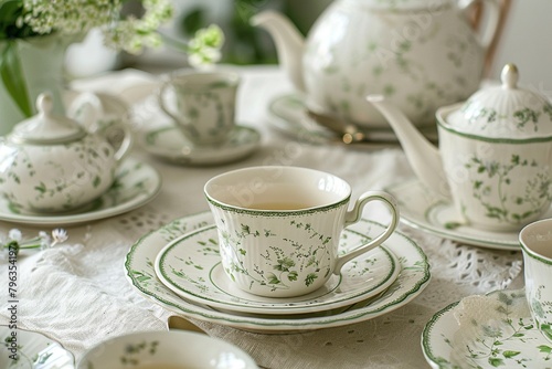 A quaint tea set adorned with delicate green floral designs, inviting a touch of vintage elegance to afternoon gatherings.