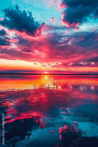 Aerial shot of a fiery sunset painting the sky with vibrant colors  reflected in the calm surface of a vast lake