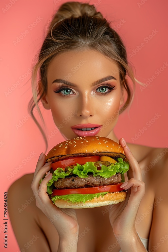 Woman savoring delicious hamburger on pastel backdrop with ample space for text placement