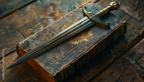 On top of an old mysterious book lies a gleaming sword