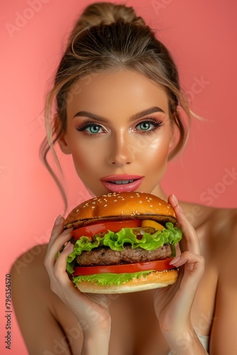 Woman savoring delicious hamburger on pastel backdrop with ample space for text placement