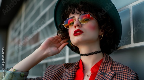 A woman wearing a green hat and sunglasses is posing for a photo