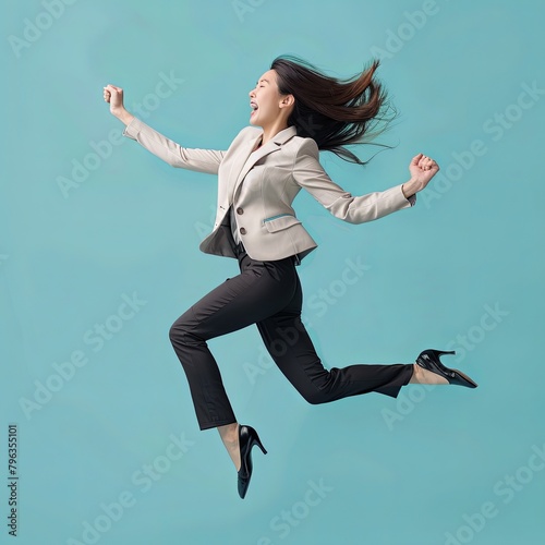 asian businesswoman jumping on blue background