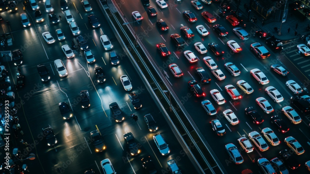 Aerial view of a traffic jam at night, a gridlock of headlights and taillights creating abstract patterns Aerial view of a traffic jam at night, a gridlock of headlights and taillights creating abstract patterns
