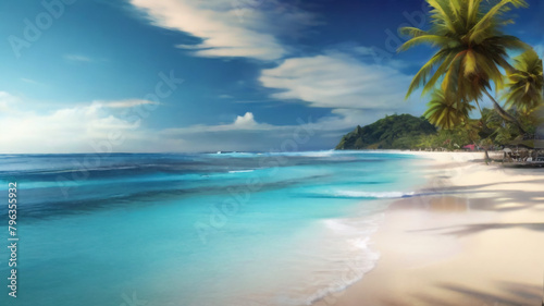 Tropical sea with fishes  blue sky  clean water. 3D Illustration 