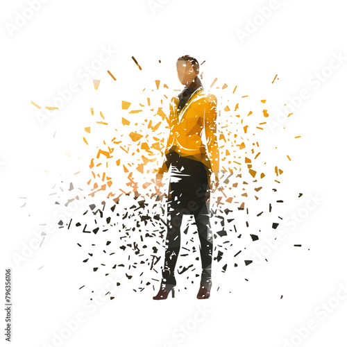 Business woman standing, isolated low poly vector illustration with shatter effect, front view