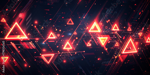A series of red triangles are displayed in a black background. The triangles are arranged in a way that creates a sense of movement and energy. Scene is dynamic and exciting photo