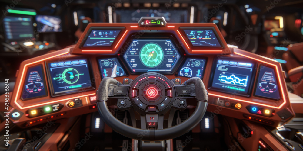 A futuristic control panel with a red steering wheel. The control panel is made of metal and has a futuristic design. The control panel is surrounded by several other screens
