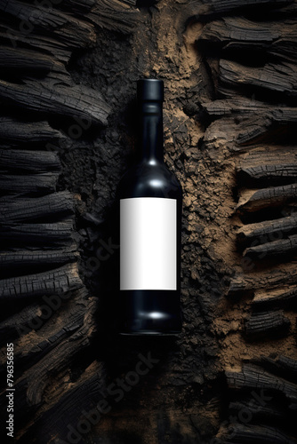 Bottle of red wine with a blank label on a rustic wooden background. Copy space, add text or logo. Ai generative