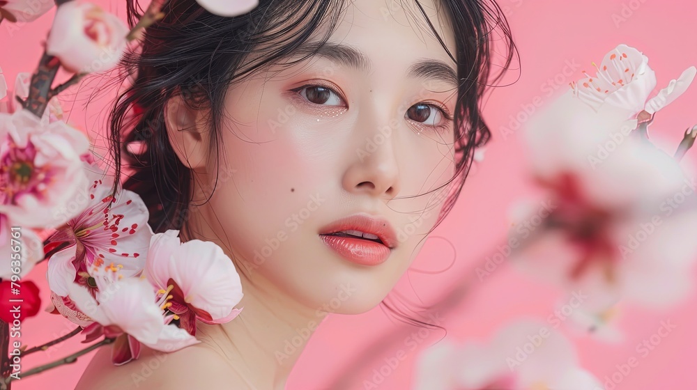 beauty photo of young Asian woman with flowers on pink background, upper body beauty photo of young Asian woman with flowers on pink background, upper body