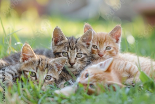 These kittens nestled in the greenery showcase their cuteness, curiosity, and camaraderie in a natural setting © ChaoticMind