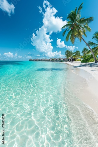 An ultra-wide panorama of a tropical paradise  showcasing a white-sand beach