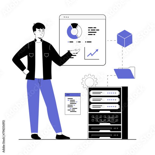 Web scraping concept. Technology for collecting data from web pages. Extracting content and data from websites in different formats. Vector illustration with line people for web design.