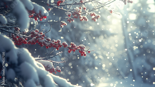 A snow covered tree with red berries on it. The snow is falling and the sun is shining through the branches photo