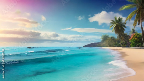 Tropical sea with fishes, blue sky, clean water. 3D Illustration 