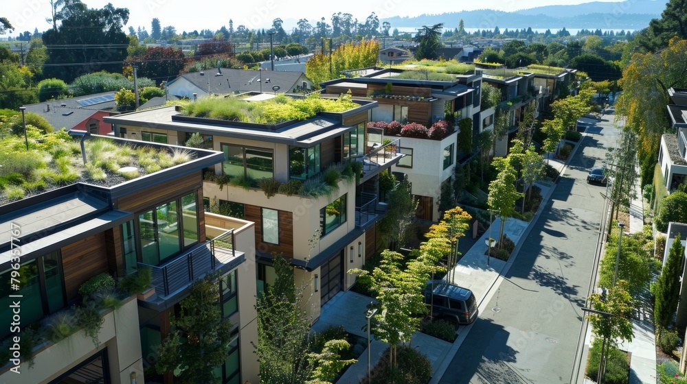 Fototapeta premium A suburban community features homes with rooftops lined with lush greenery providing natural insulation and reducing energy consumption. The streets are also lined with bike lanes .