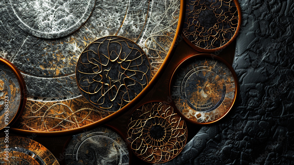 Dynamic textures and intricate abstract designs adorn circular ornaments against a circular velvety black background.