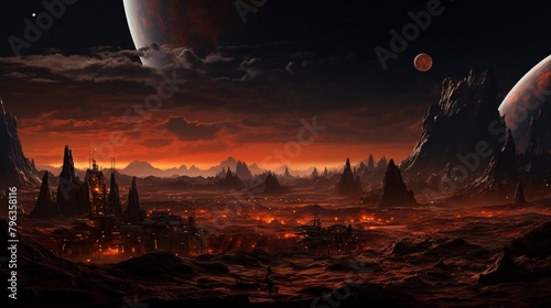 a landscape with mountains and a planet in the background #796358116