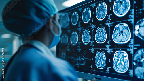 A doctor is looking at a computer monitor displaying a series of brain scans.