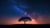 A composite image combining a star-filled sky with the silhouette of a solitary tree, evoking a sense of isolation and serenity. Ai generated