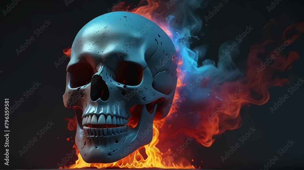 3d visual effects of skull with red and blue fire burn