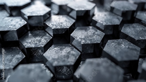 Discover the mesmerizing world of Tech Hexagons! Background a honeycomb of hexagonal shapes with gradients from charcoal to silver.
