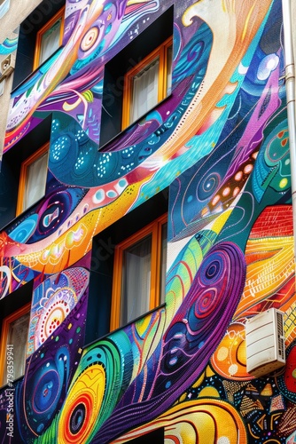 Close-up of a vibrant mural on a city building, capturing its intricate details and textures