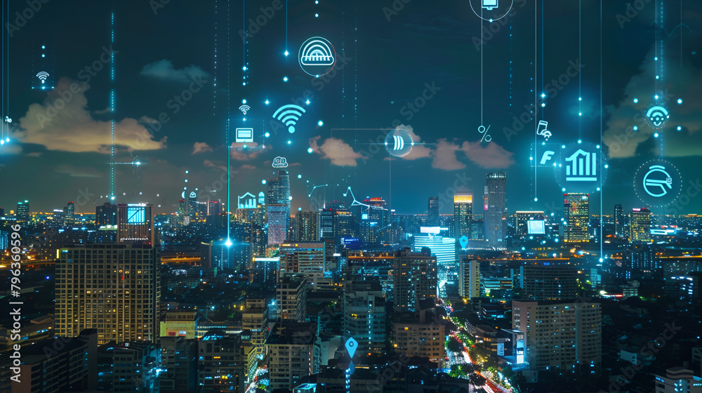 Smart city and intelligent communication network of things ,wireless connection technologies  ,Modern cityscape and network connection