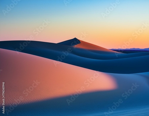 An evening scene with the last light of twilight casting long shadows and painting the dunes in hues of lavender and soft blue