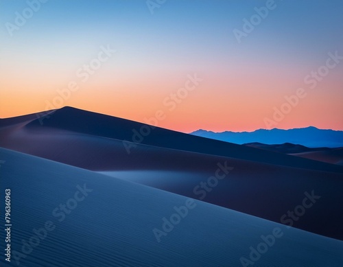 An evening scene with the last light of twilight casting long shadows and painting the dunes in hues of lavender and soft blue