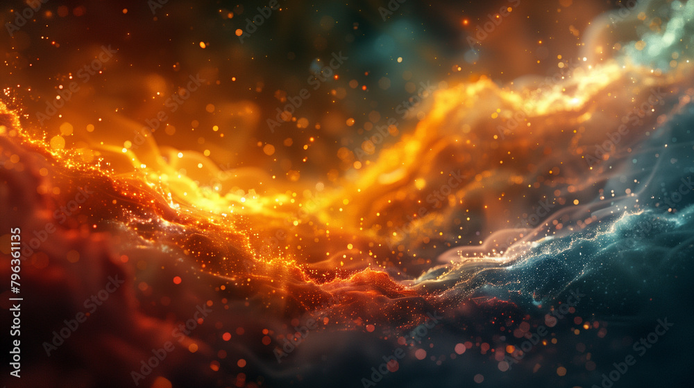 A colorful, swirling galaxy of fire and smoke